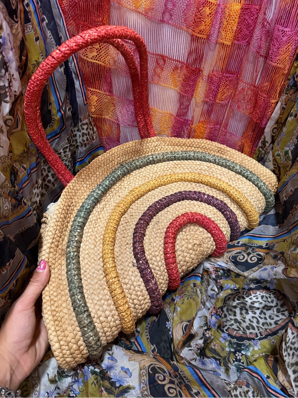Woven Straw Half-Moon Tote Bag with Multi-Color Accents